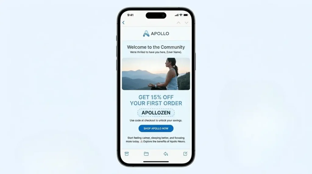 A screenshot of a welcome email from Apollo Neuro offering a 15% off promo code for new subscribers