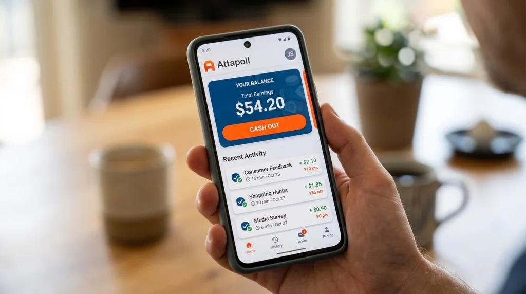 A smartphone screen displaying the ATTAPOLE app dashboard with a healthy cash balance ready to be cashed out