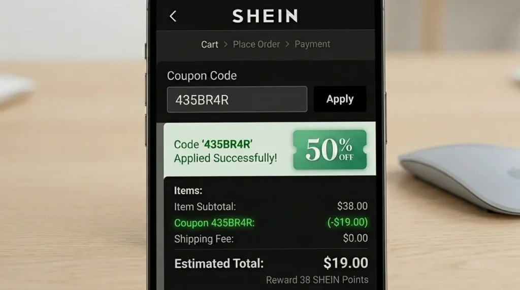 A mobile checkout screen on the SHEIN app showing multiple discount codes stacked for a final low price