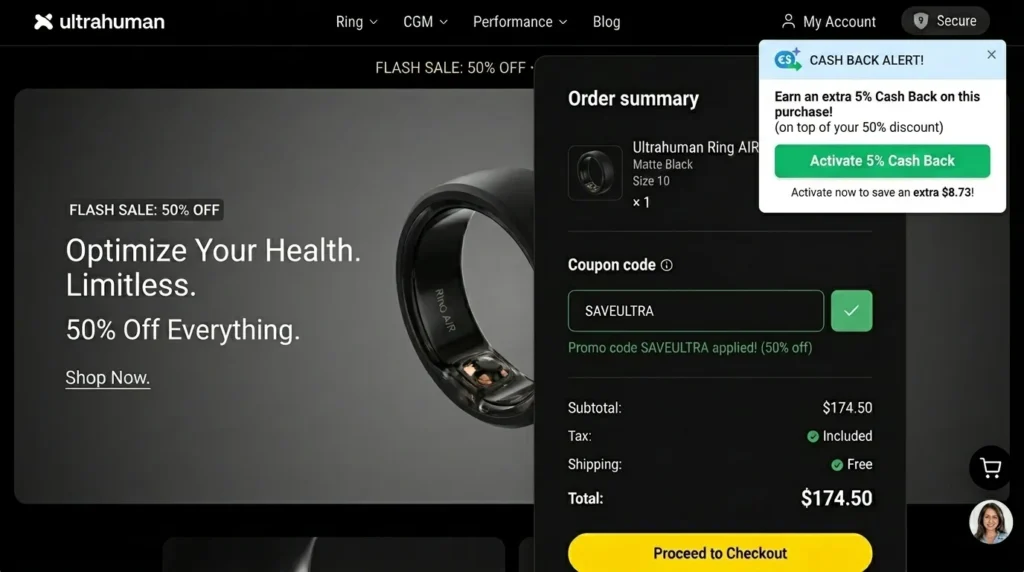 A browser window showing a cashback extension pop-up alerting the user to activate cash back while a promo code is already applied
