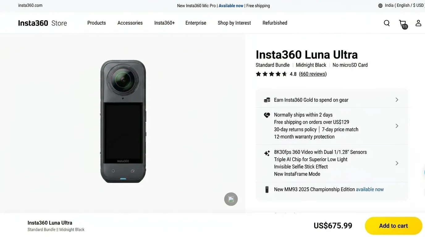 Insta360 Action Camera Full Retail Price Display