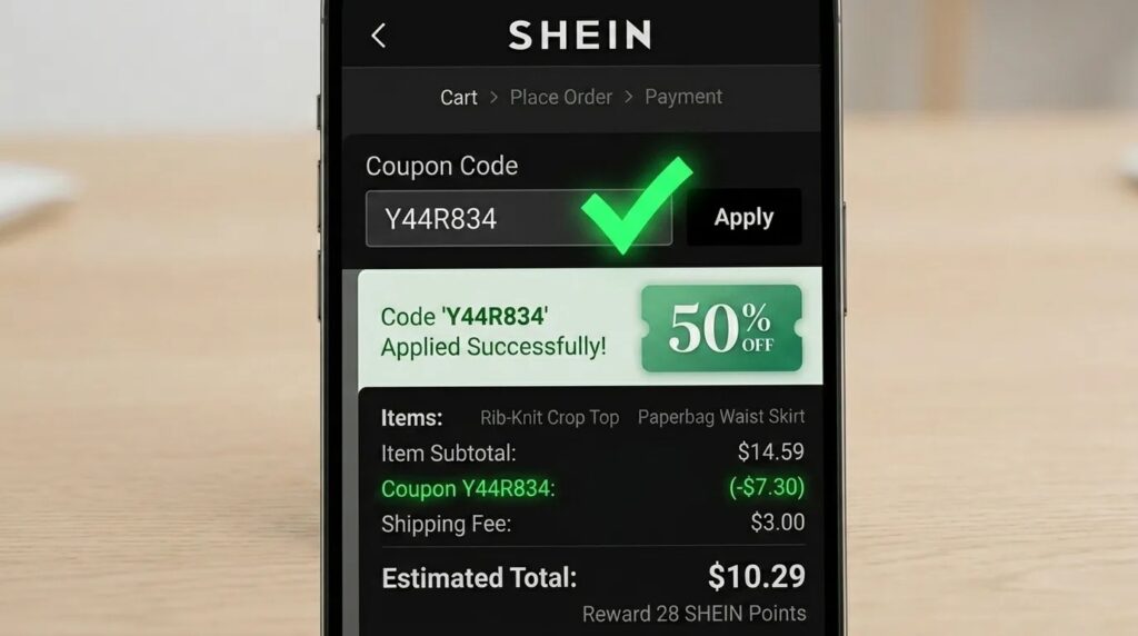 Screenshot of an online checkout cart showing a massive $50 discount applied with a green checkmark next to the promo code box